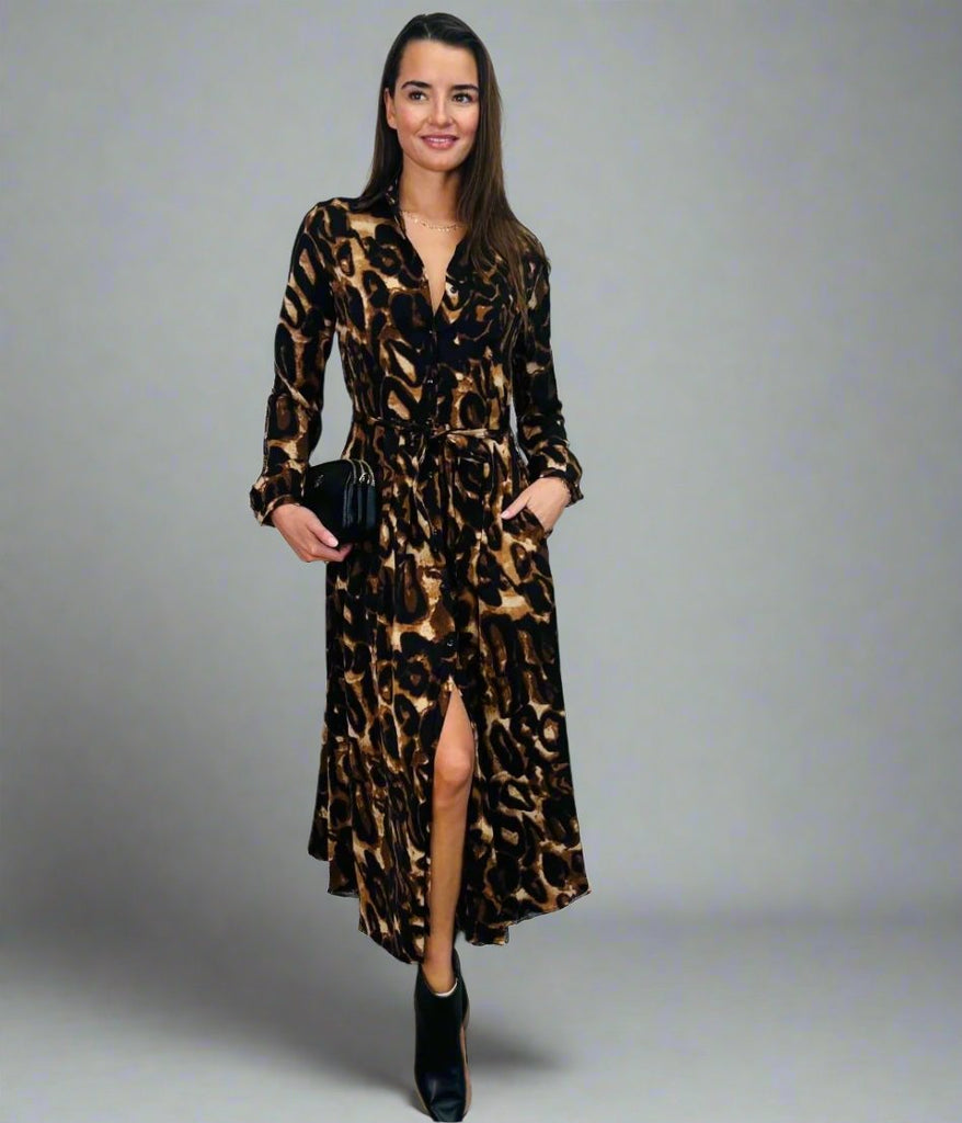 Misa Giselle High-Neck Midi Dress- Leopard Print