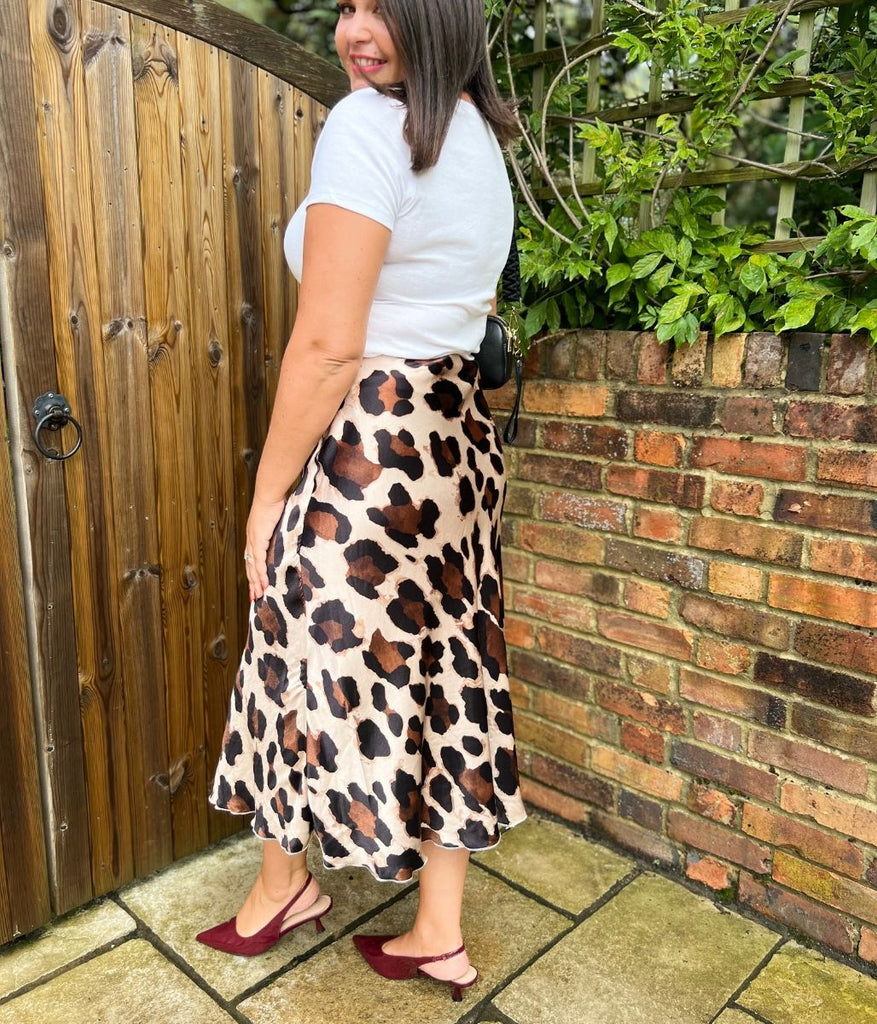 Abstract Leopard Print Satin Slip Midi Skirt Highstreet Outlet UK