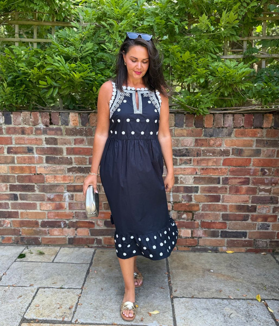Black Devin Poplin Embroidered Midi Dress