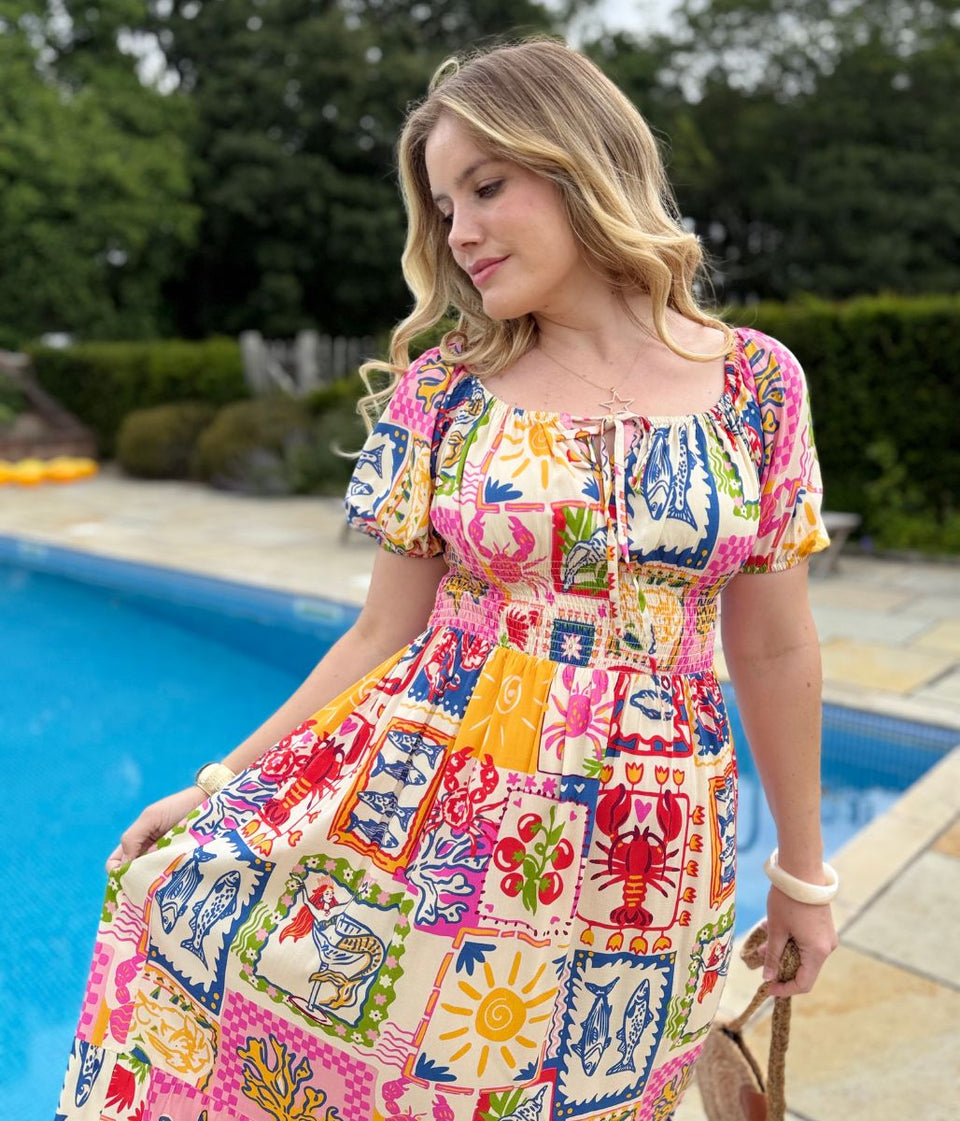 Postcard Print Shirred Midi Dress