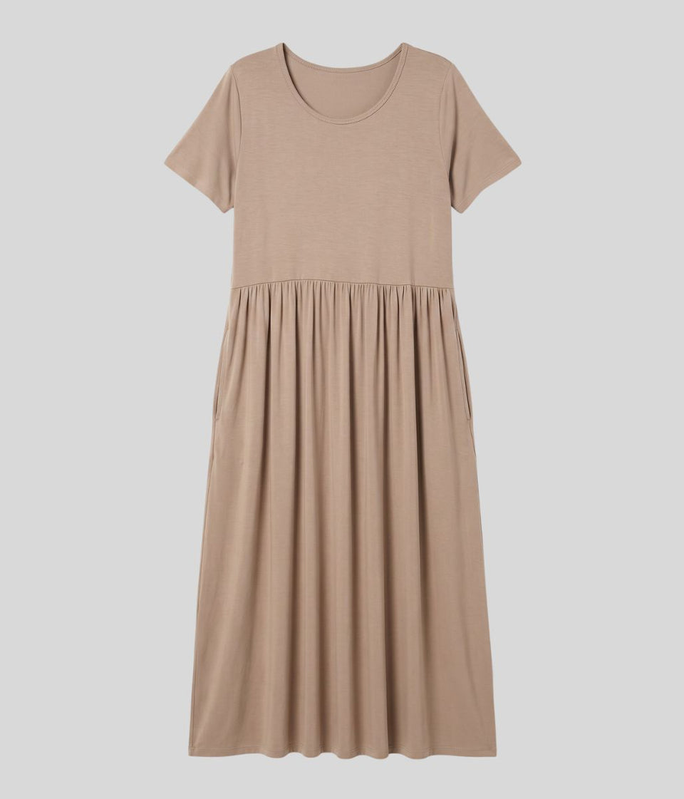 Beige Stretch Tiered Midi Dress