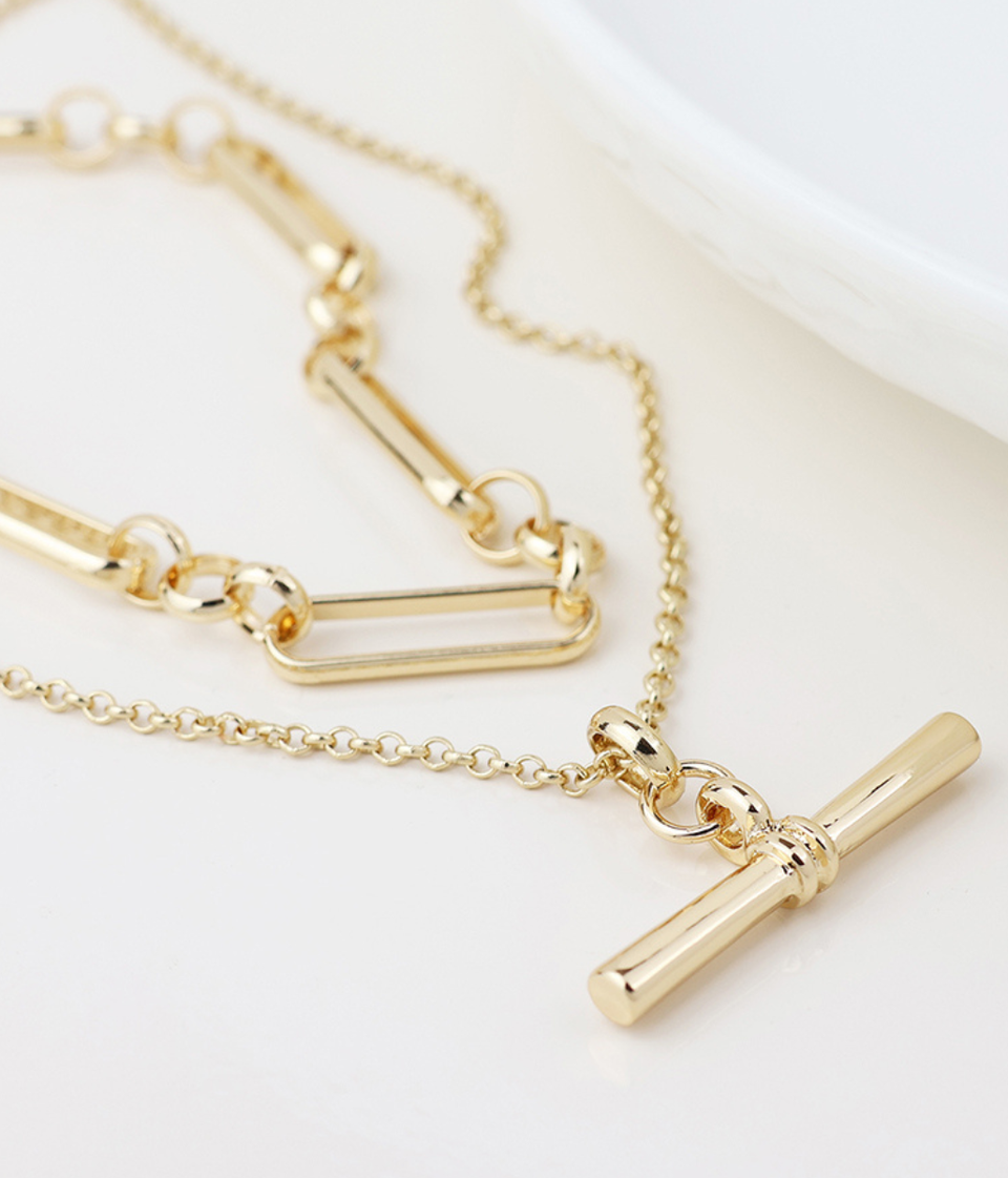 POM Golden layered Chain and T-bar Necklace