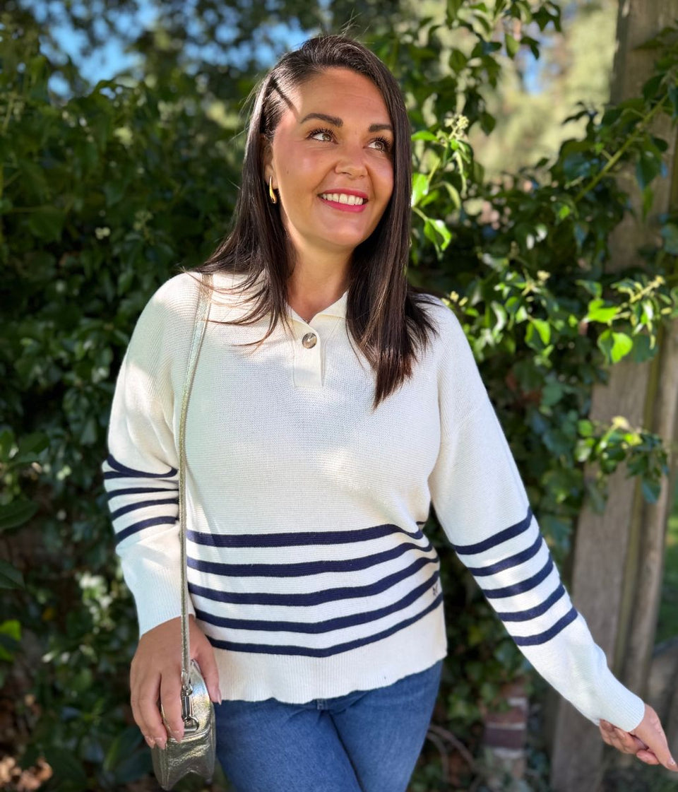 Navy Half Striped Collared Jumper