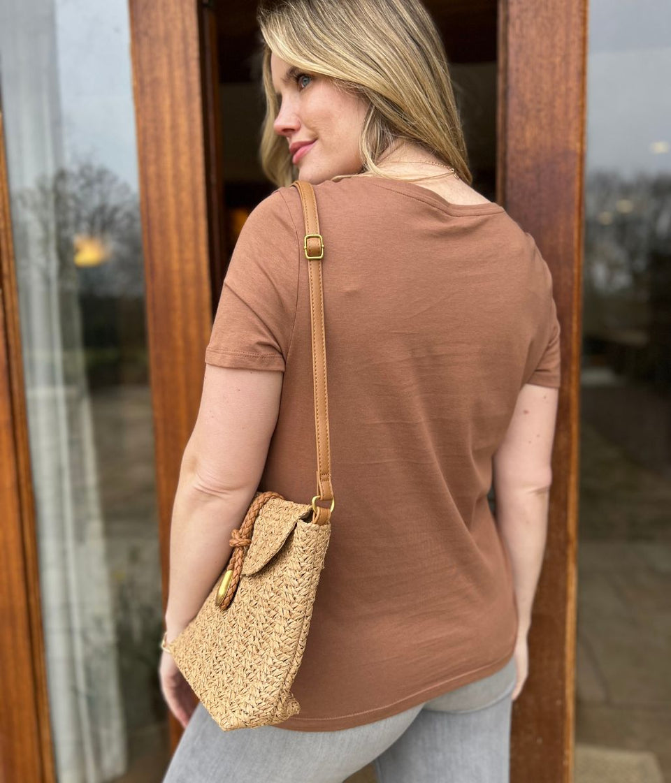 Brown Pure Cotton V Neck T Shirt