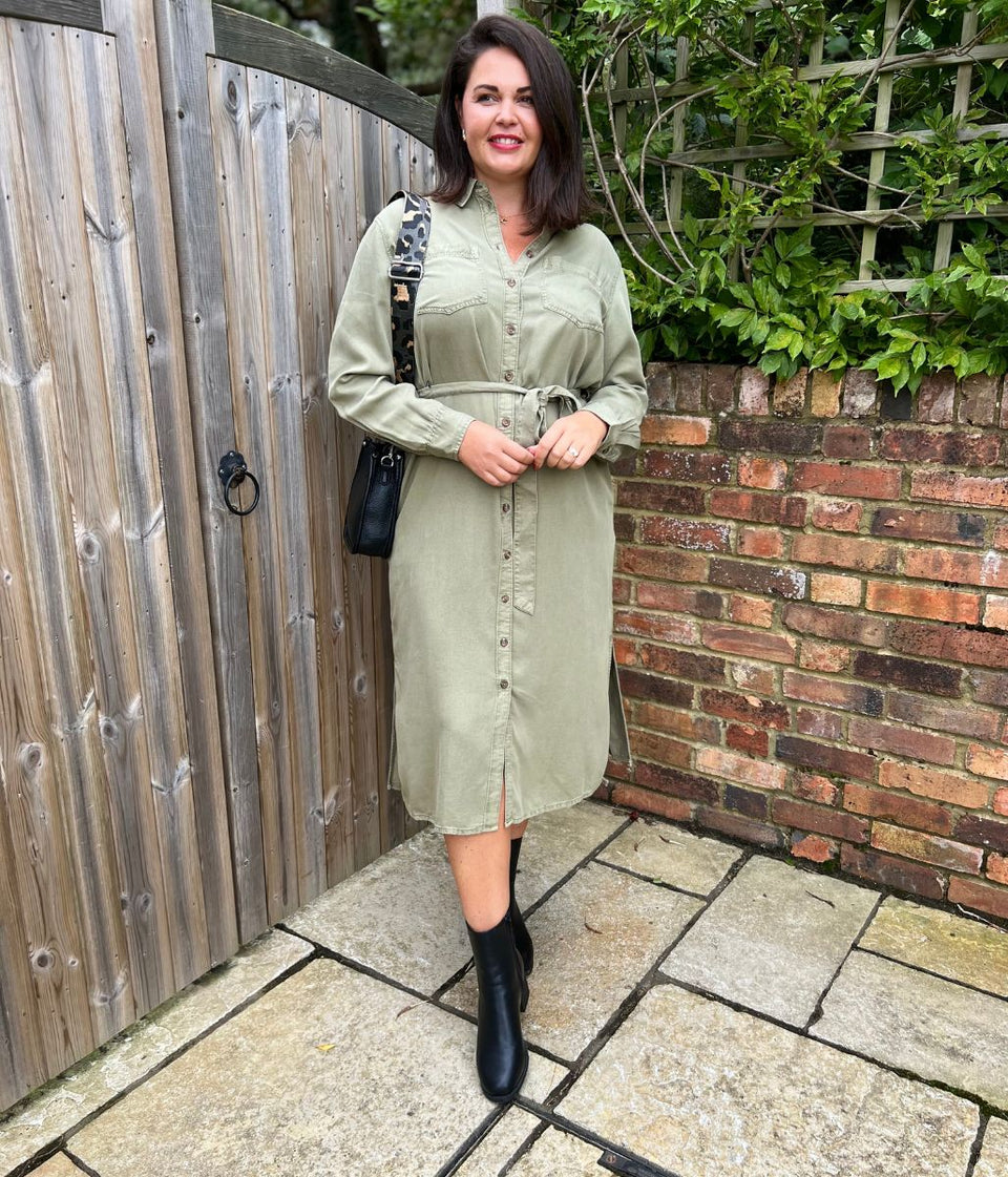 Khaki Tencel Belted Midi Shirt Dress