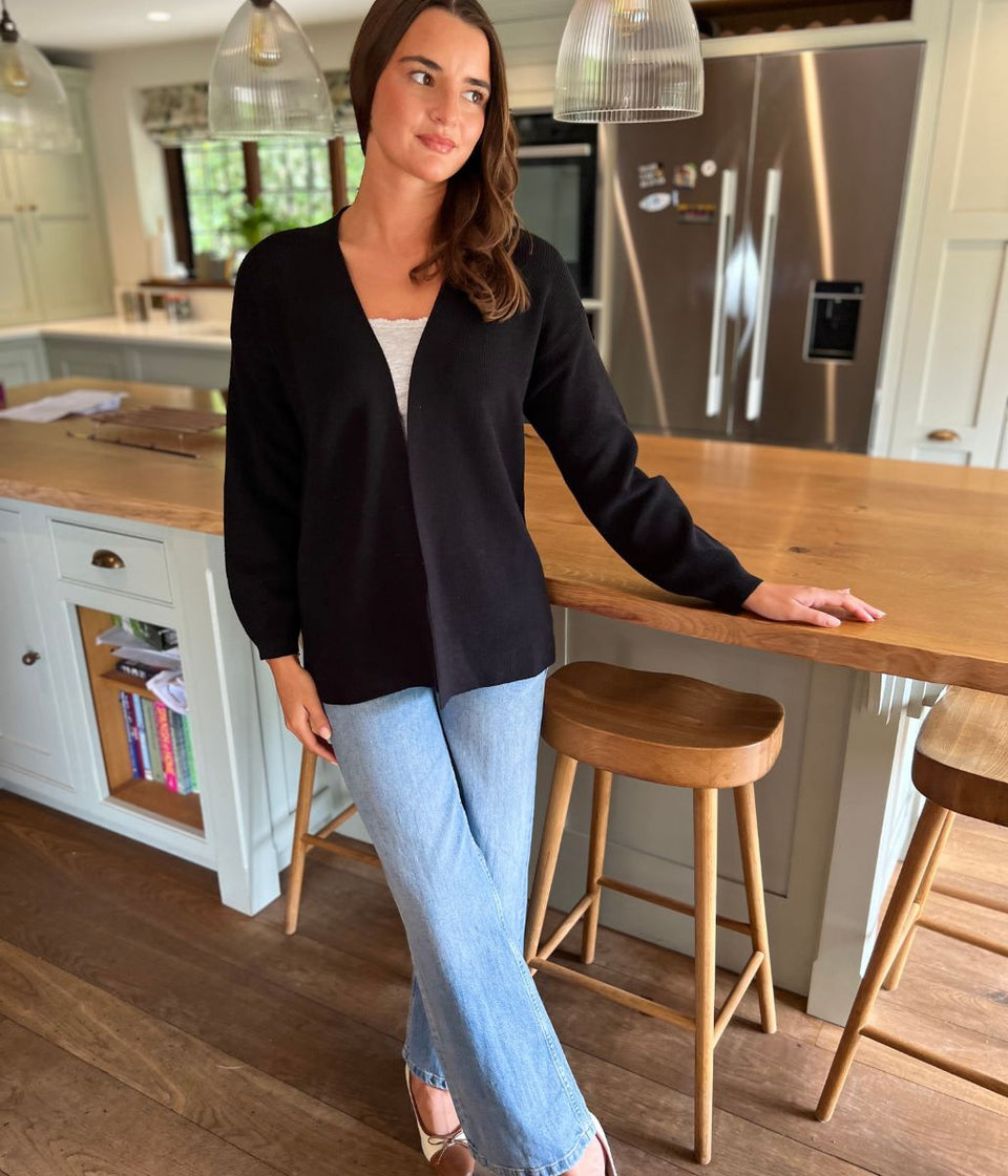 Stylish Edge-to-Edge Black Cotton Rich Cardigan