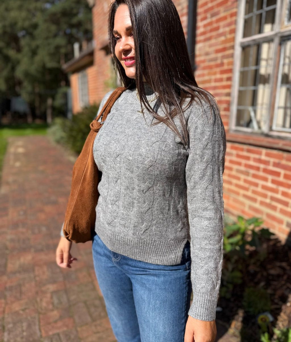 Grey Cable Knit Turtle Neck Jumper
