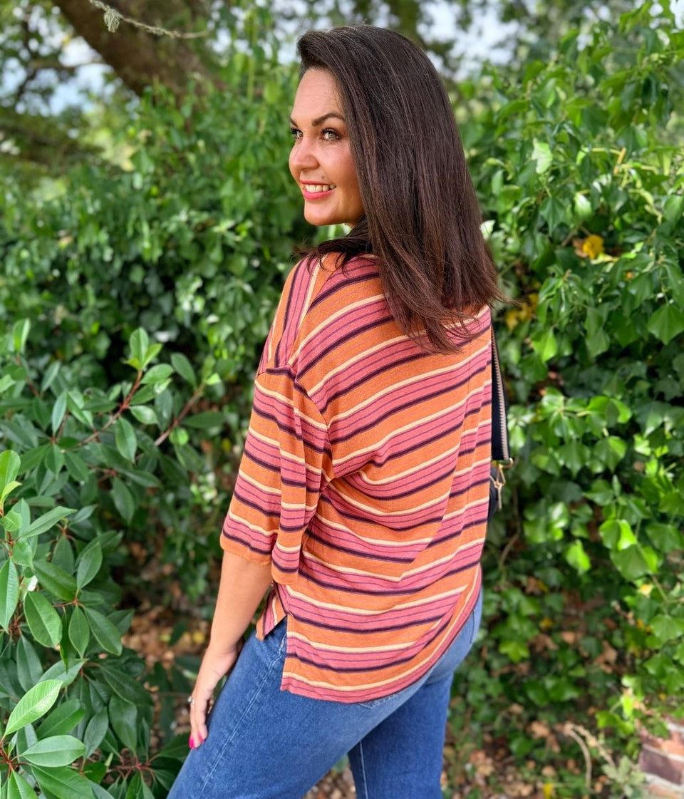 Paprika Striped Linen Blend Relaxed T Shirt
