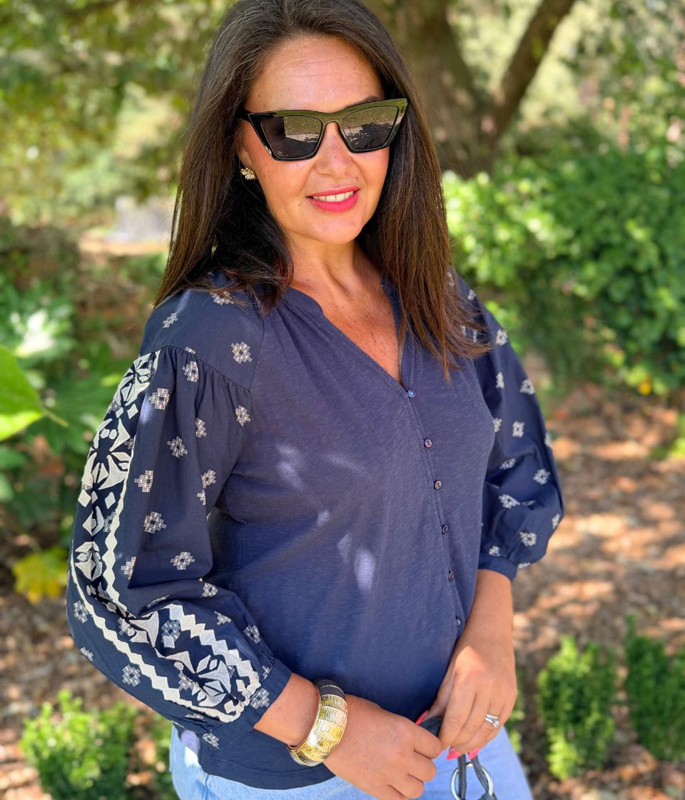 Navy Aztec Sleeve Button Through Top