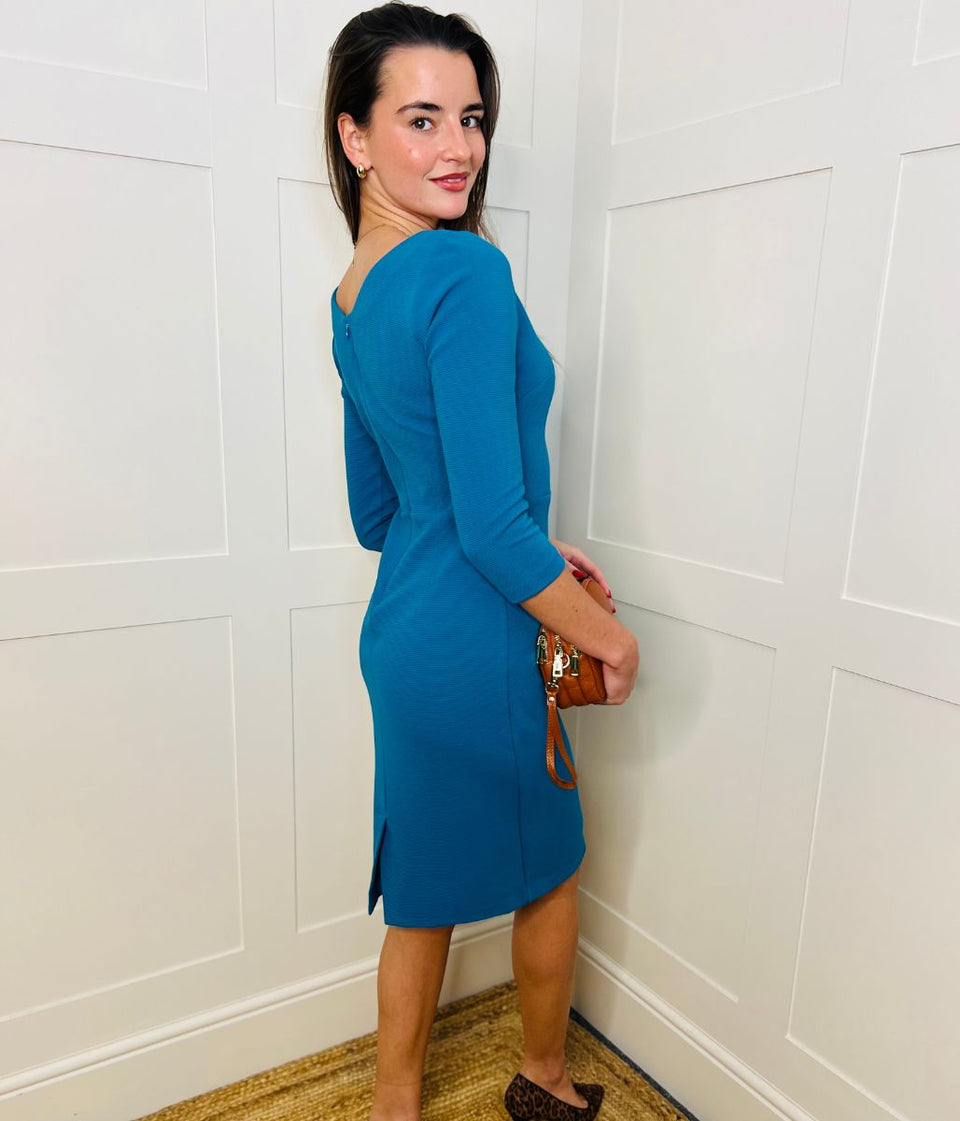 Teal Ottoman Ribbed V Neck Dress