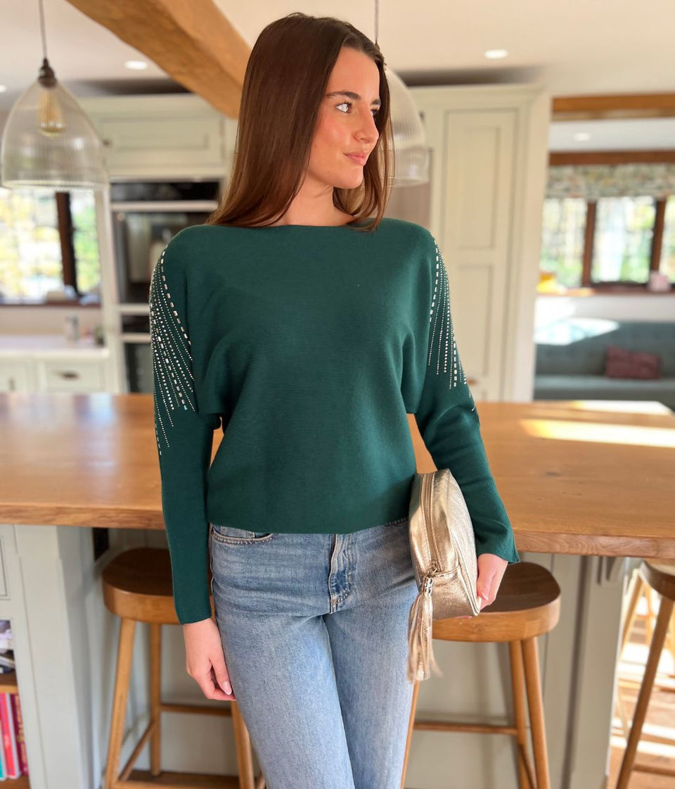 Green Diamante Sleeve Embellished Jumper
