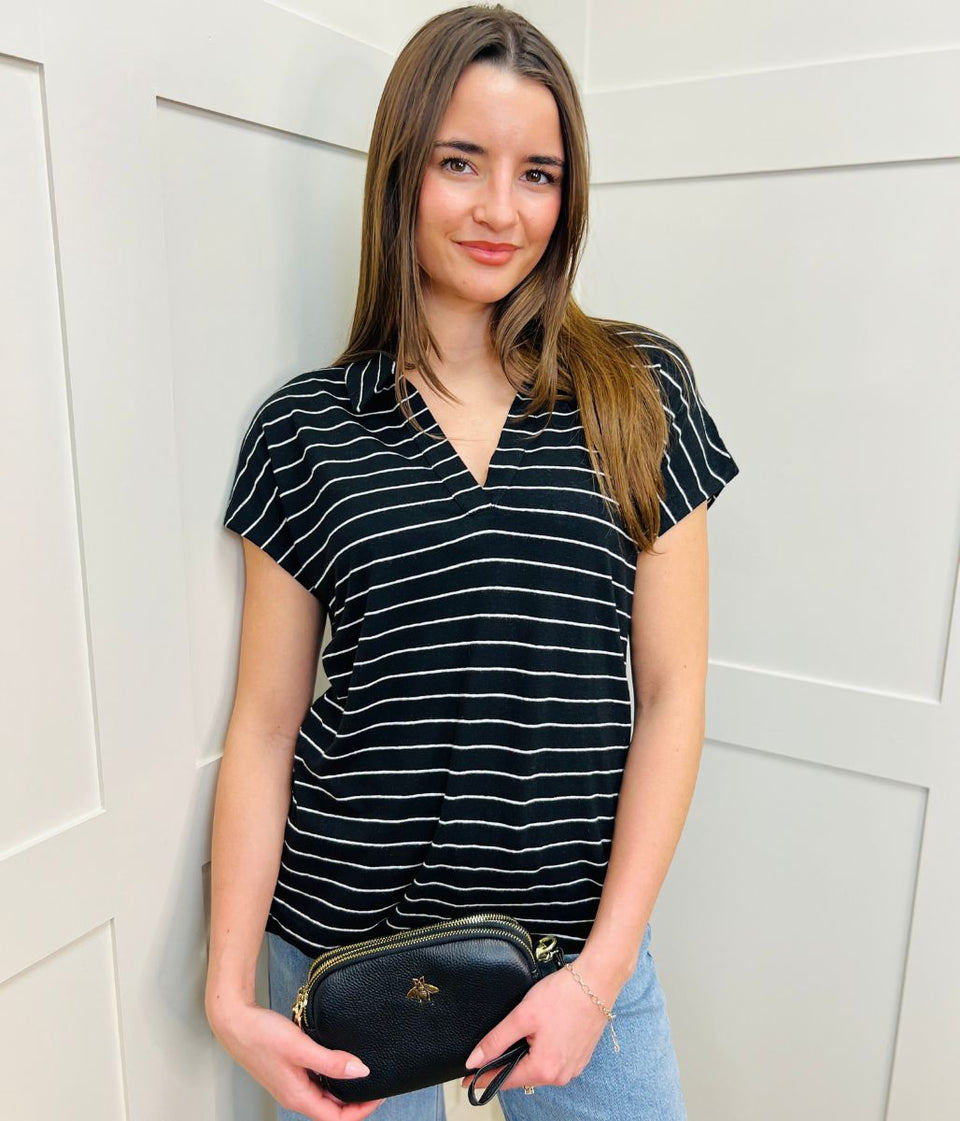 Black Linen Blend Striped Relaxed Collar Top