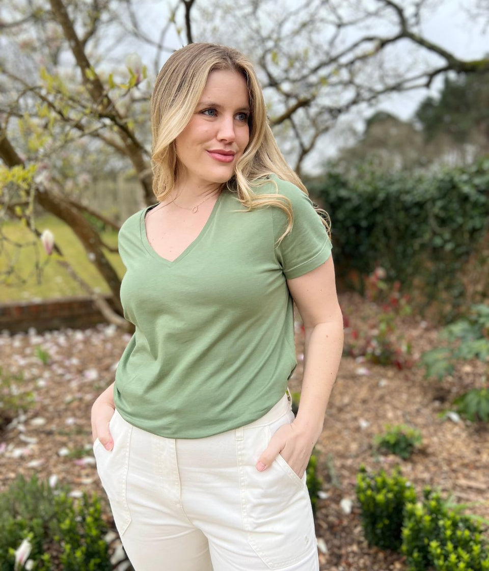 Sage Pure Cotton V Neck T Shirt
