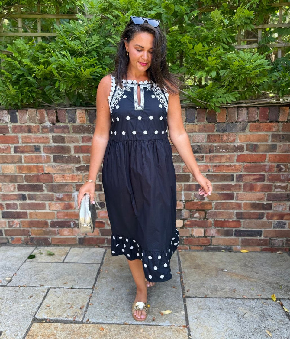 Black Devin Poplin Embroidered Midi Dress