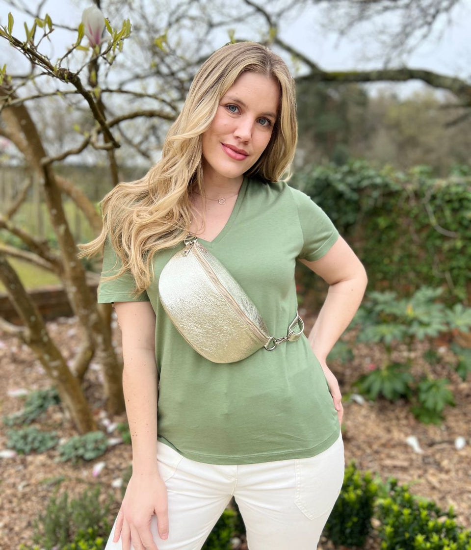 Sage Pure Cotton V Neck T Shirt