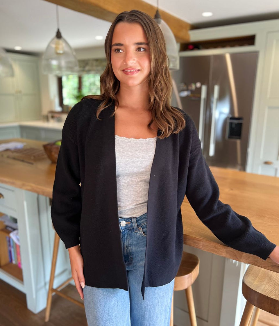 Stylish Edge-to-Edge Black Cotton Rich Cardigan