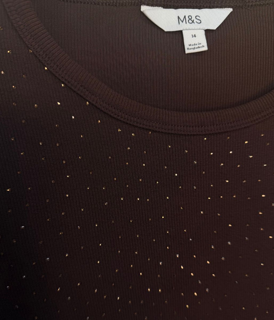 Brown sparkle jersey top - neckline detail