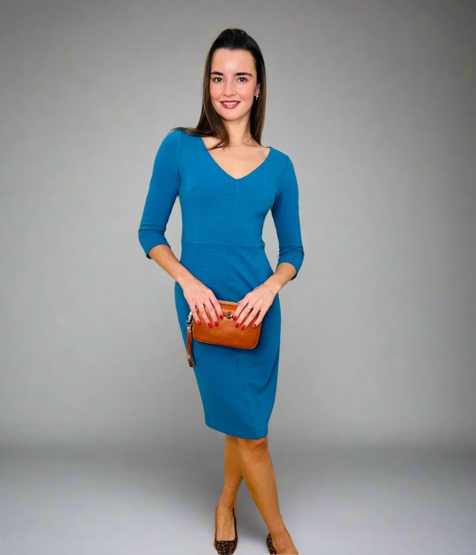 Teal Ottoman Ribbed V Neck Dress