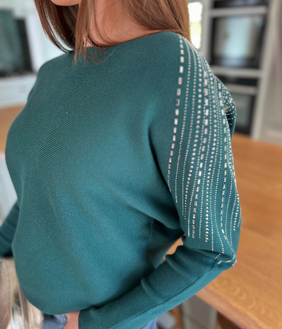 Green Diamante Sleeve Embellished Jumper