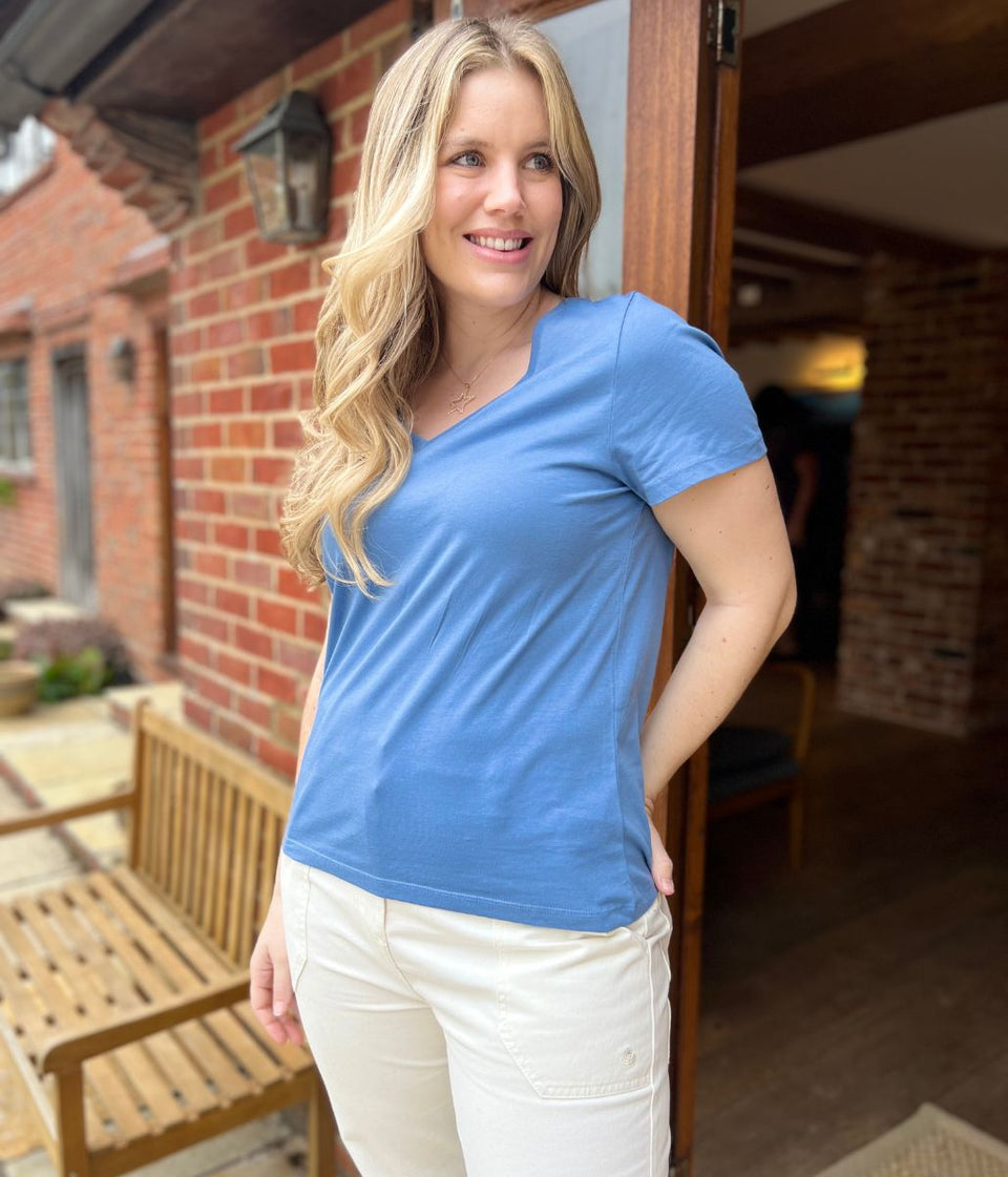 Blue Pure Cotton V Neck T Shirt