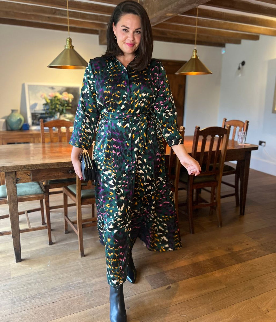 womens satin shirt midi dress in a peacock print