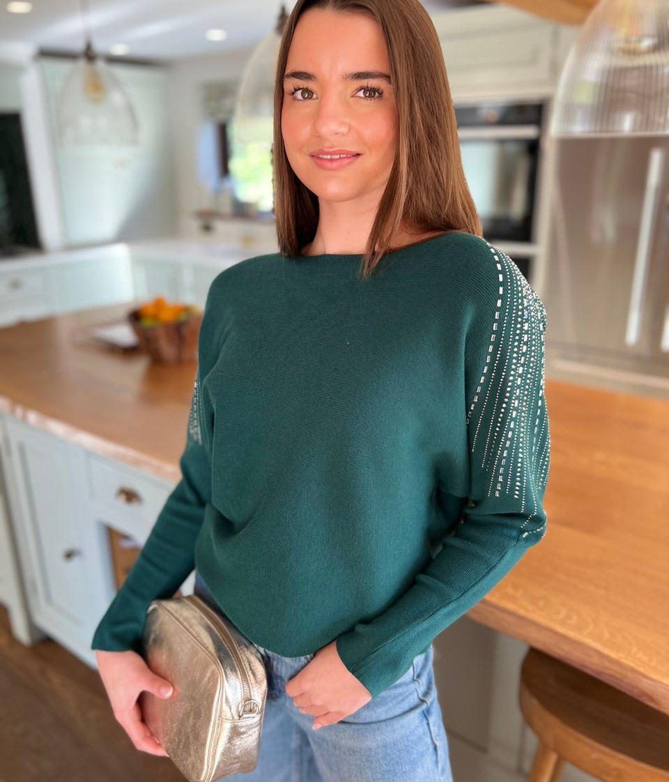 Green Diamante Sleeve Embellished Jumper