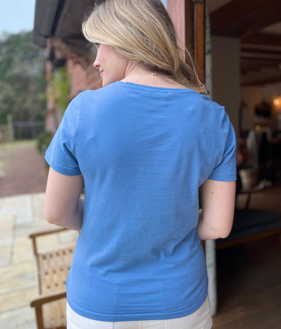 Blue Pure Cotton V Neck T Shirt