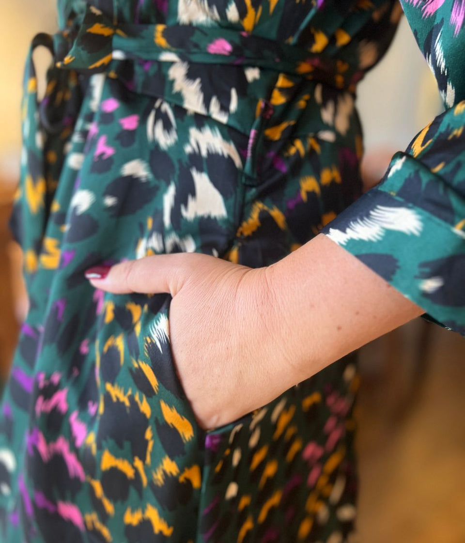 Ava Peacock Print Satin Shirt Dress