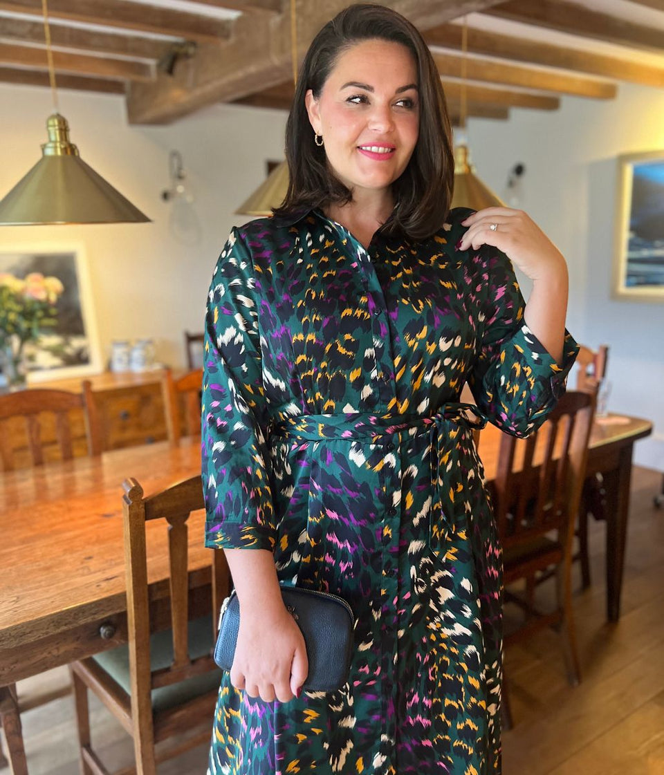 Ava Peacock Print Satin Shirt Dress