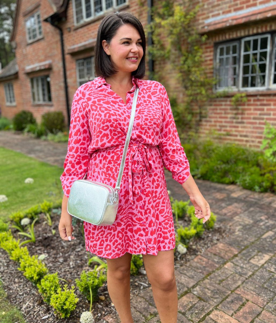 Pink Leopard Print Shirt Dress