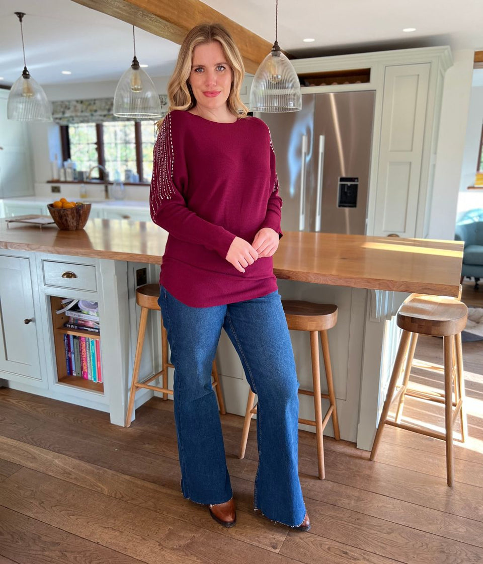 Berry Diamante Sleeve Embellished Jumper