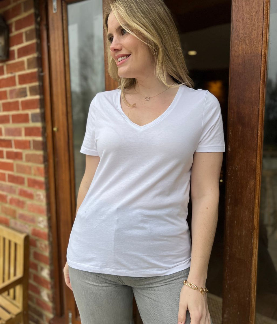 White Pure Cotton V Neck T Shirt
