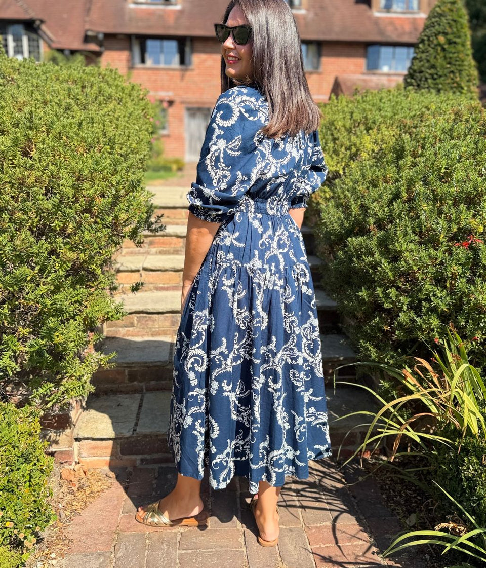 Navy Flower Print Waisted Midi Dress