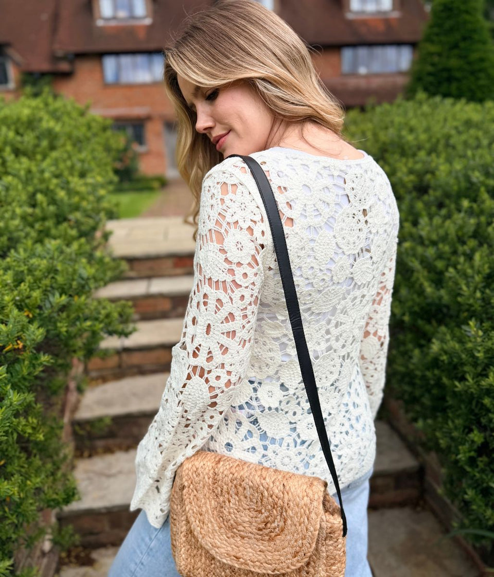 Ivory Floral Crochet Bell Sleeve Top