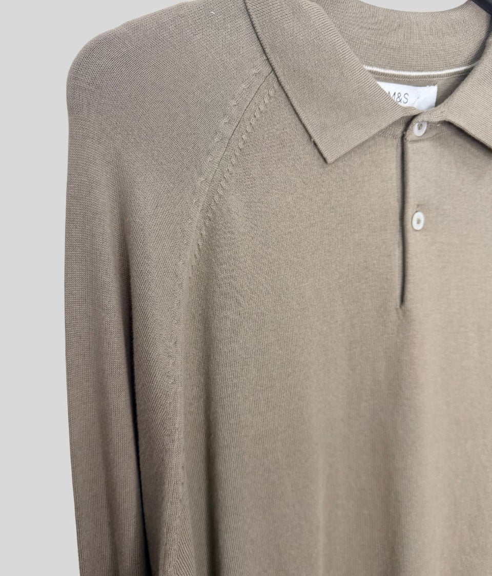 Mens Putty Cotton Rich Long Sleeve Knitted Polo Top
