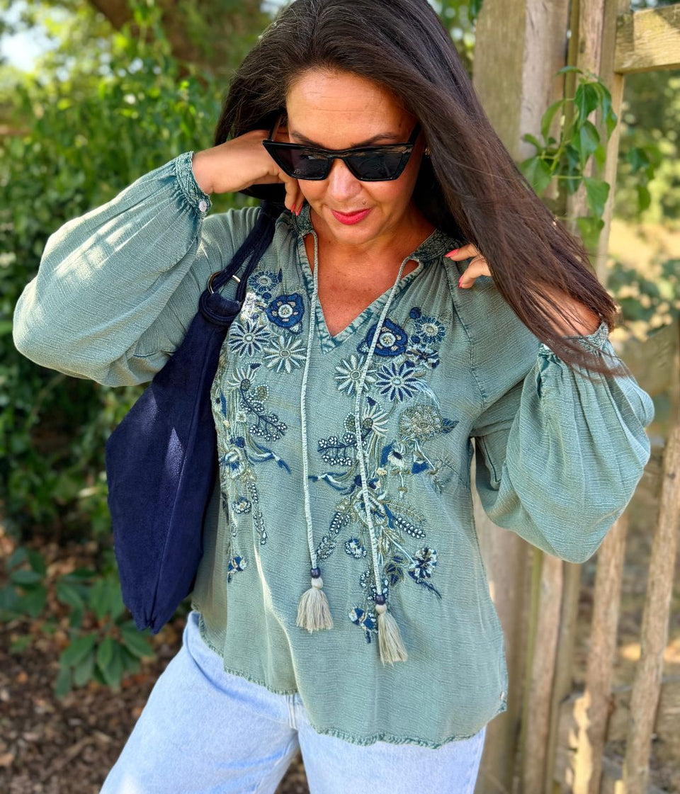 Green Embroidered Boho Top
