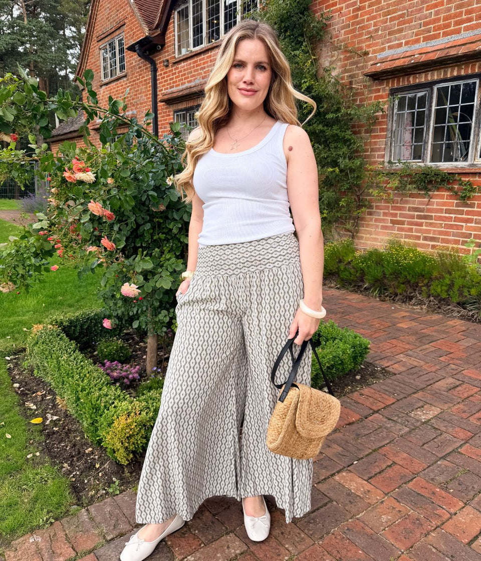 Beige Mandala Wide Leg Palazzo Trousers
