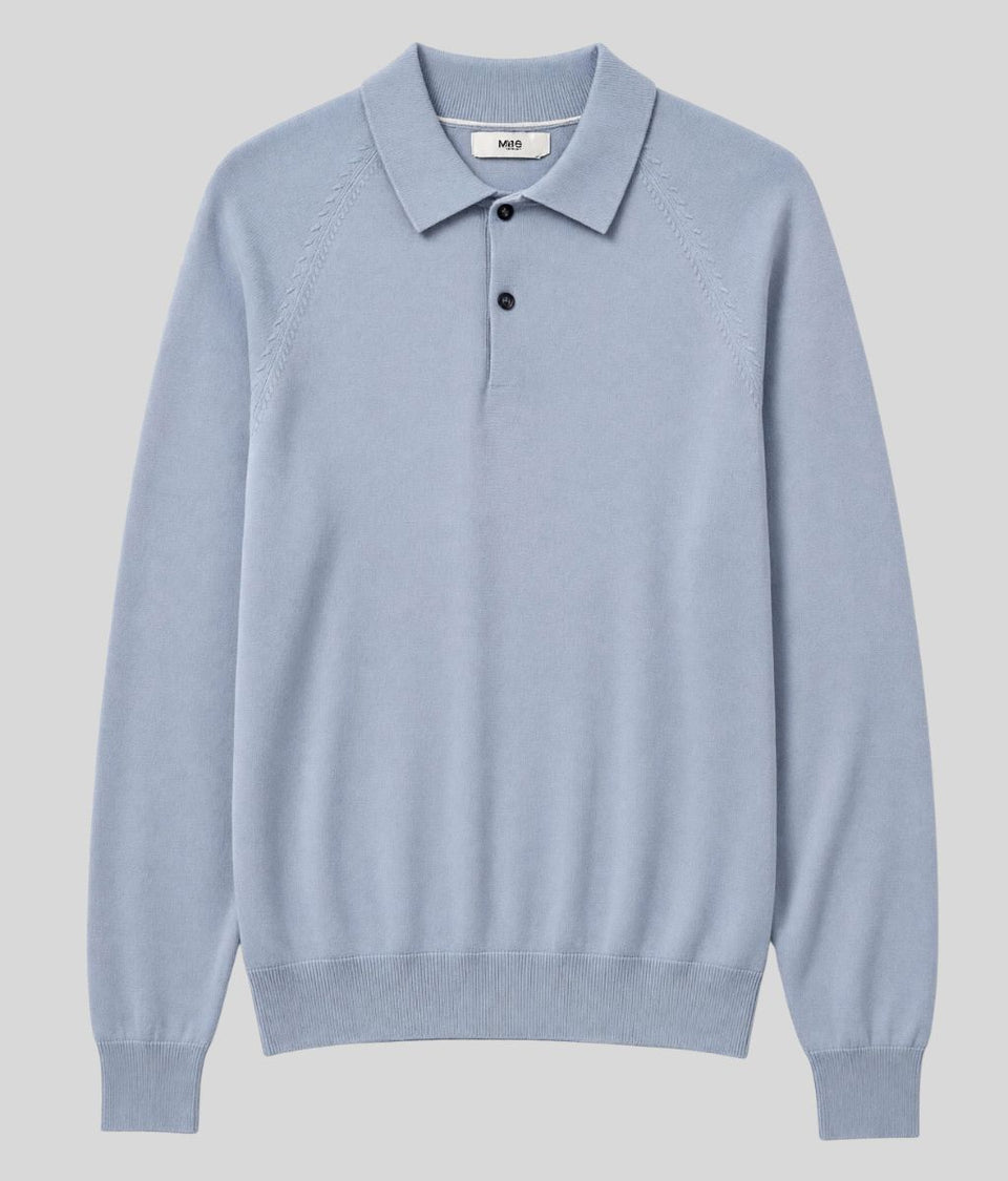 Mens Soft Blue Cotton Rich Long Sleeve Knitted Polo Top