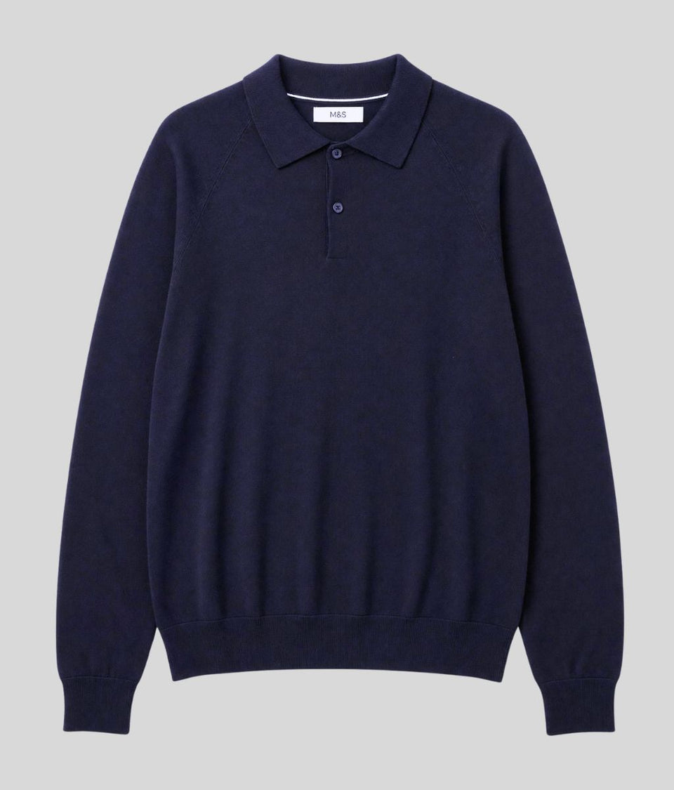 Mens Navy Cotton Rich Long Sleeve Knitted Polo Top