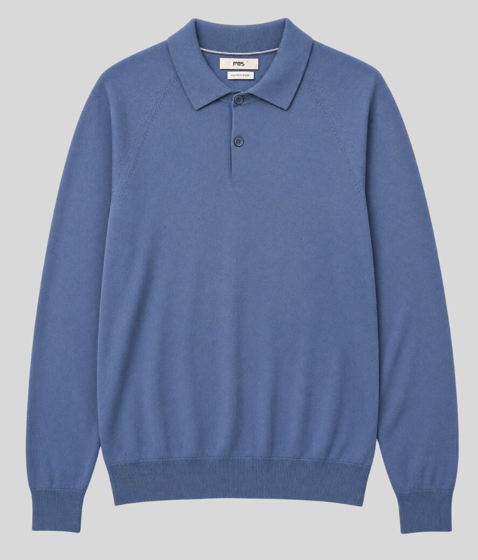 Mens Blue Cotton Rich Long Sleeve Knitted Polo Top