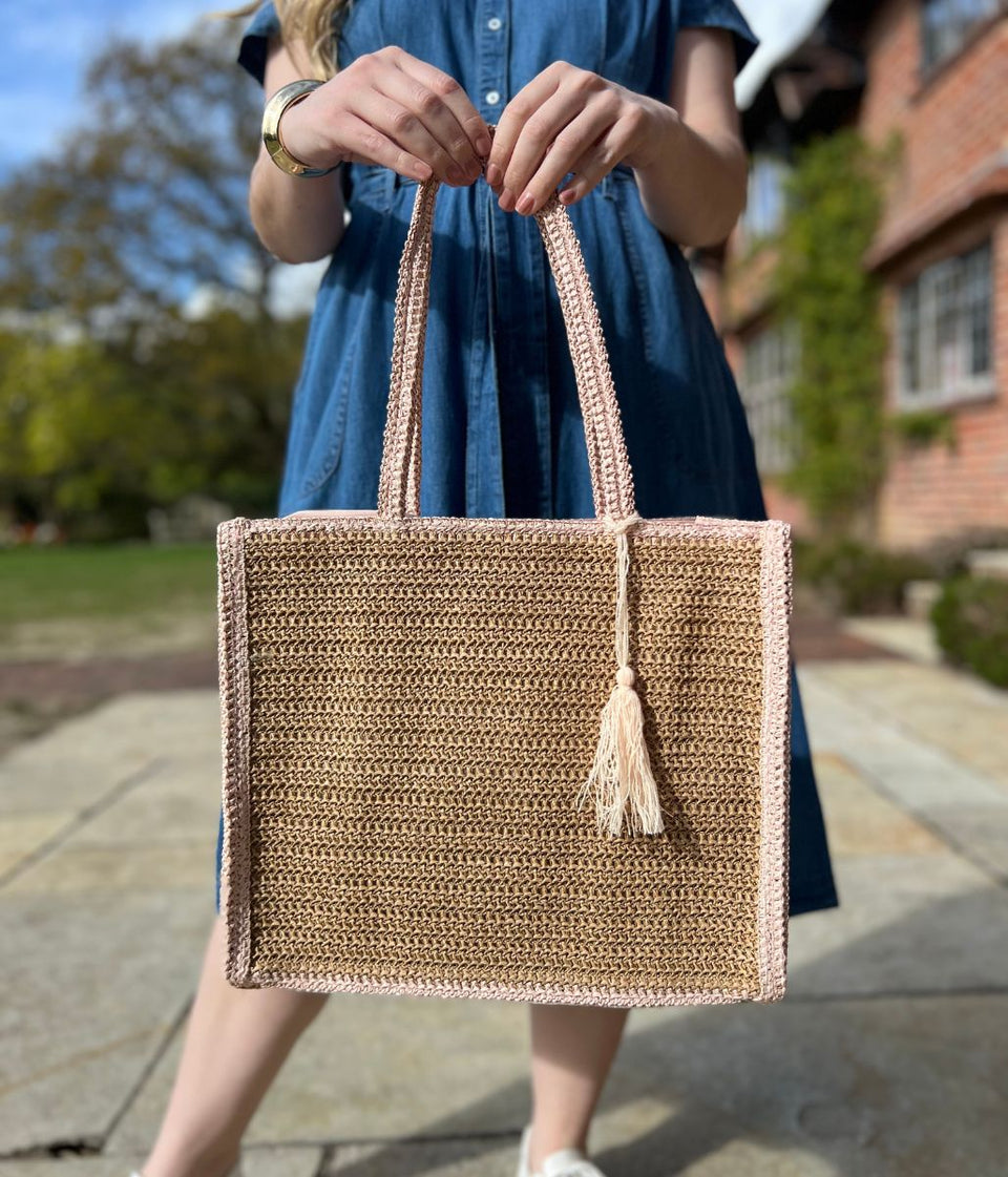 Pink Trim Raffia Tote Bag