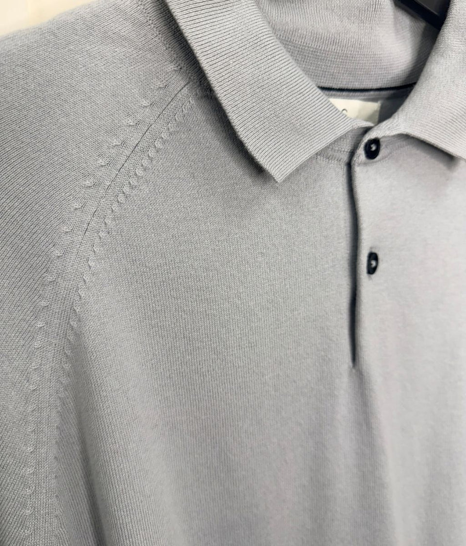 Mens Light Grey Cotton Rich Long Sleeve Knitted Polo Top