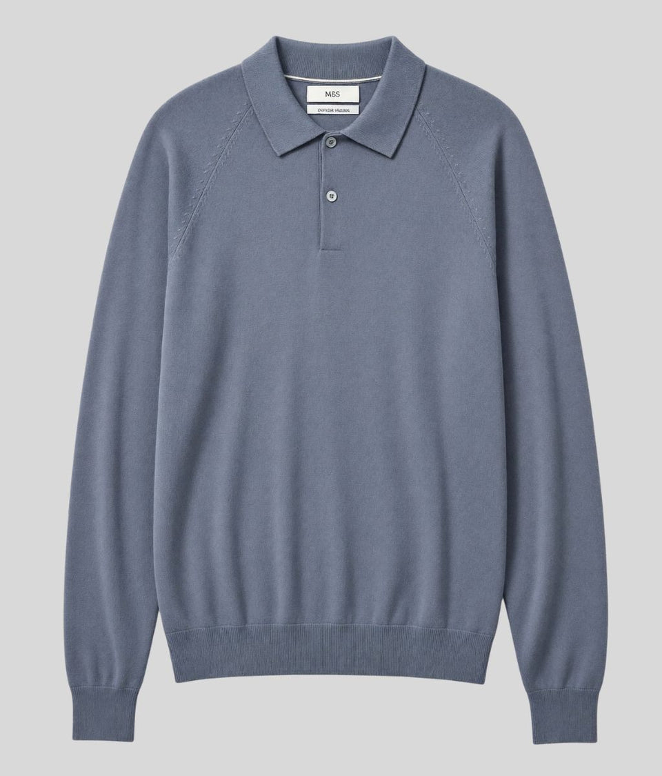 Mens Dark Pewter Cotton Rich Long Sleeve Knitted Polo Top