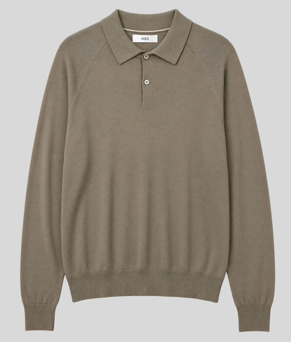 Mens Thyme Cotton Rich Long Sleeve Knitted Polo Top