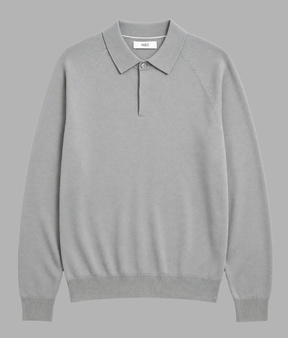 Mens Light Grey Cotton Rich Concealed Button Knitted Polo Top
