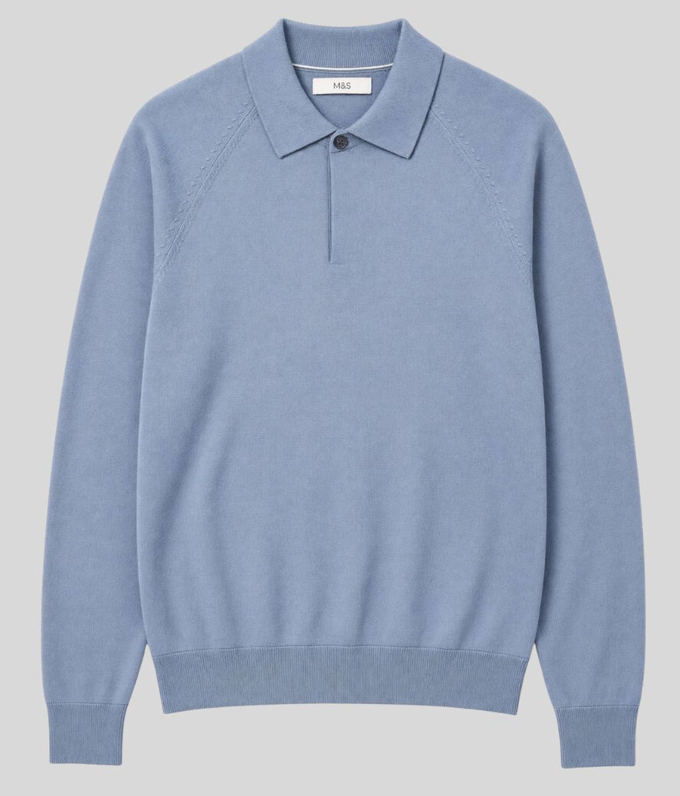 Mens Light Blue Cotton Rich Concealed Button Knitted Polo Top