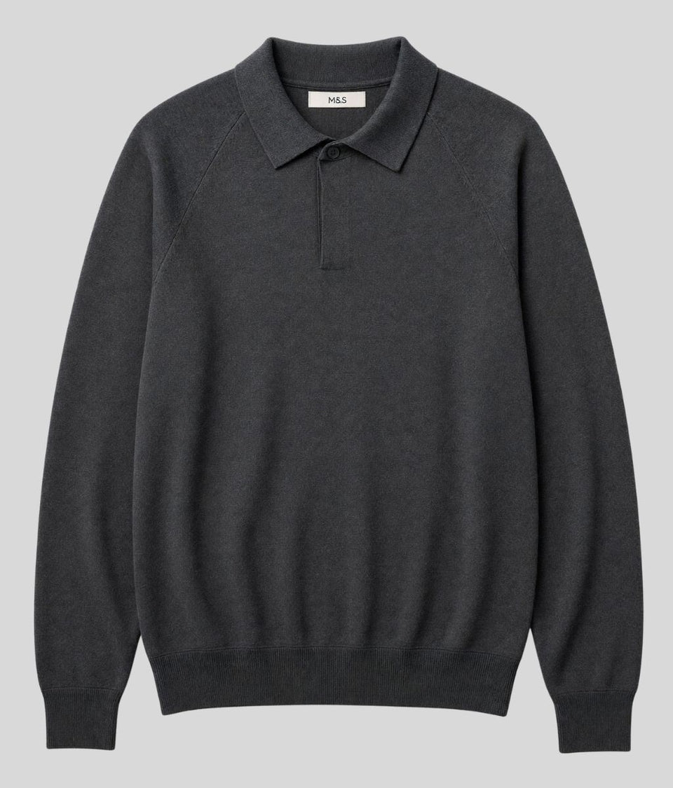 Mens Dark Grey Cotton Rich Concealed Button Knitted Polo Top