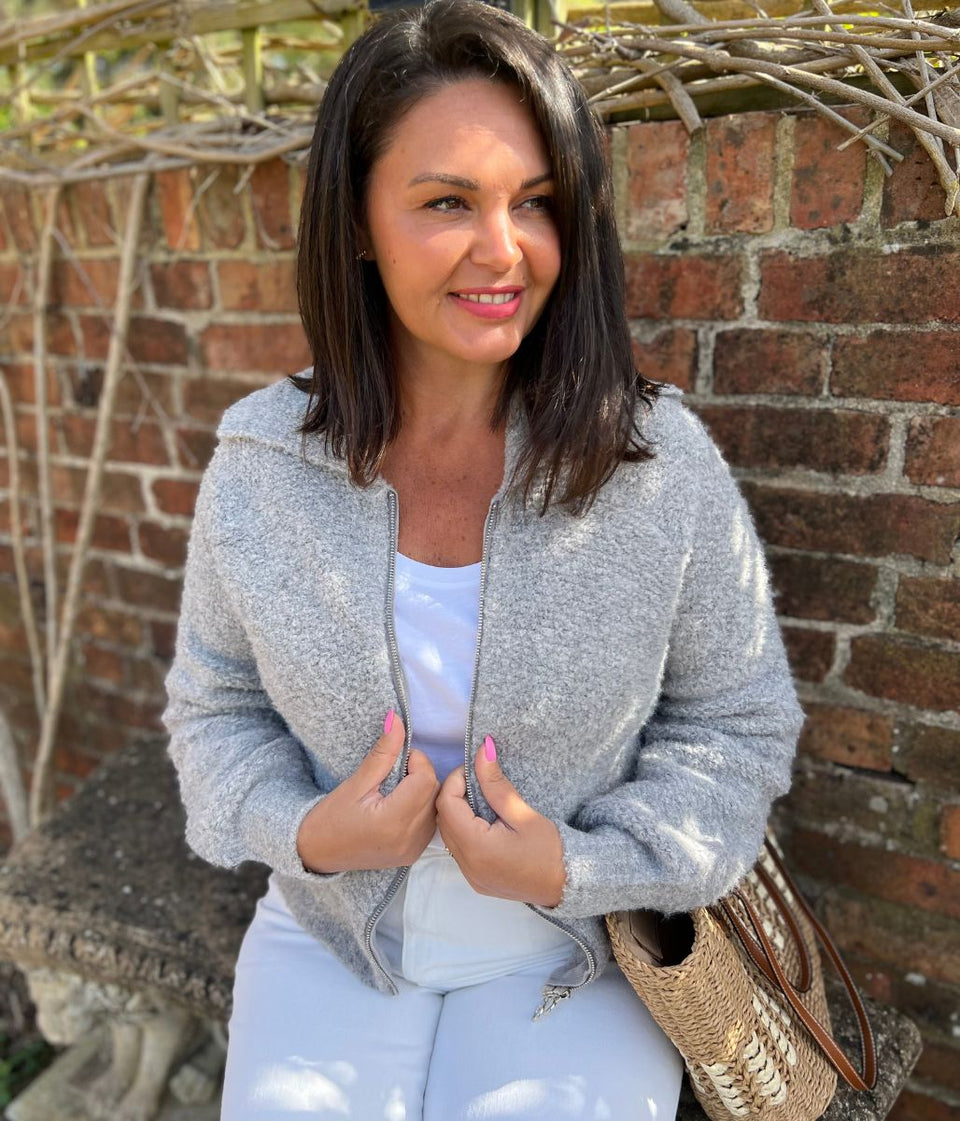 Grey Boucle Wool Blend Zip Up Jumper