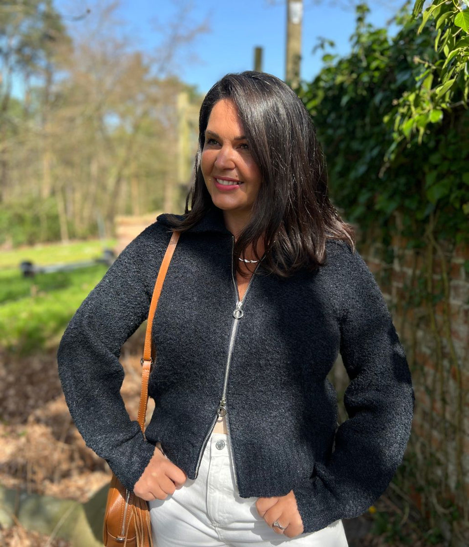 Navy Boucle Wool Blend Zip Up Jumper