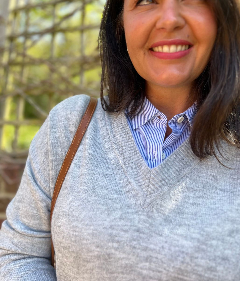 Grey V Neck Mock Shirt Jumper